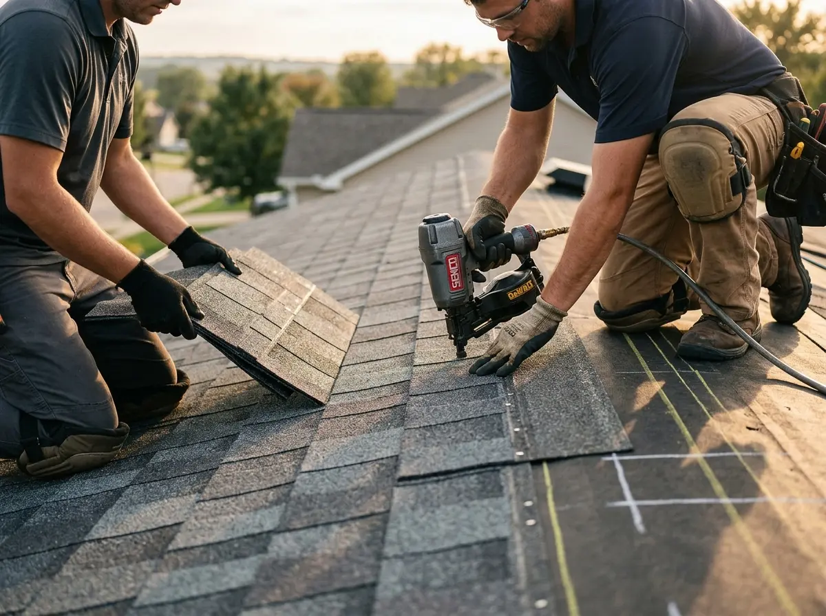 Professional roofer working on a residential roof in Bluefield